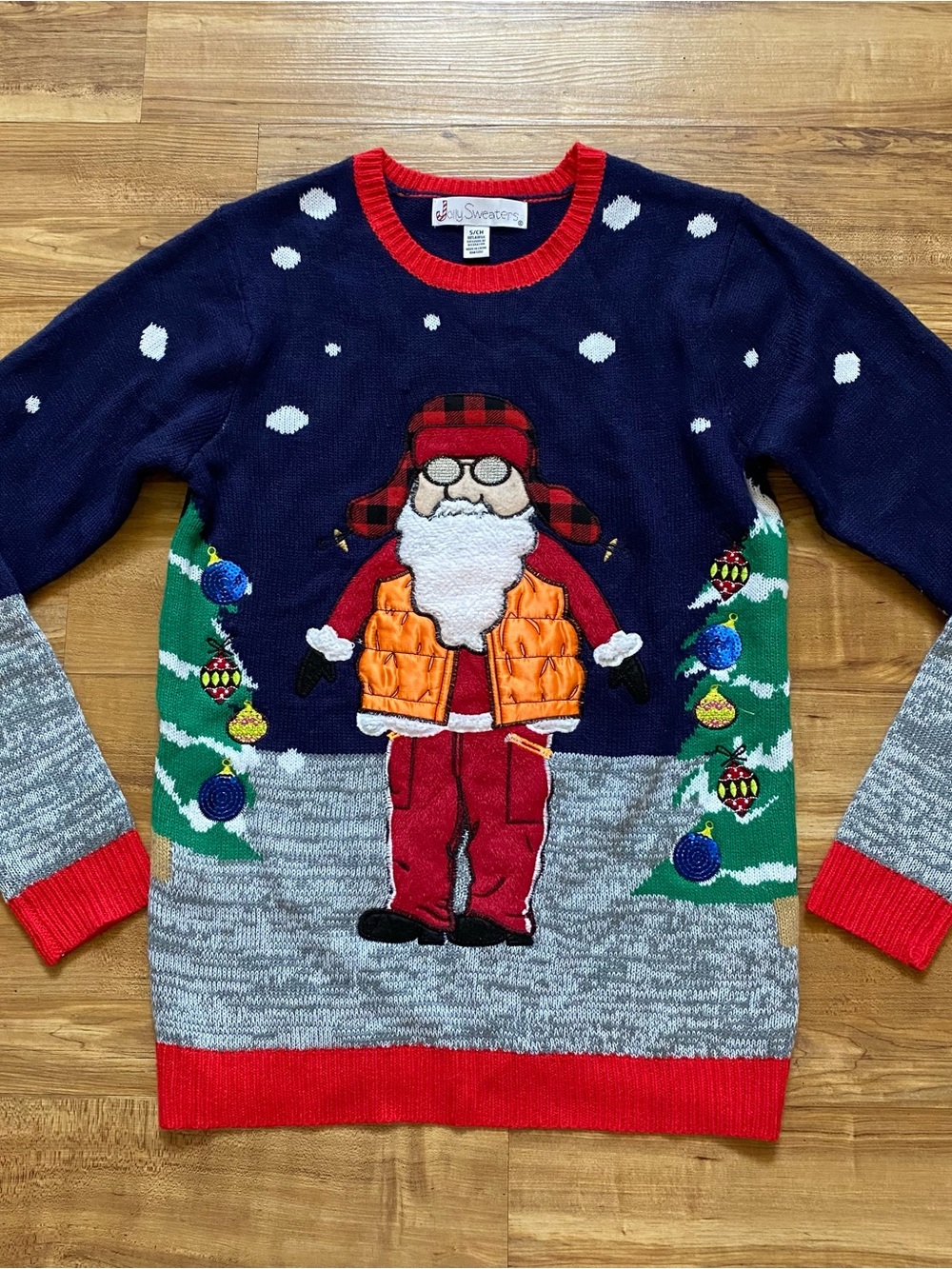 Jolly Sweaters Mens S Blue Hunting Santa Ugly Christmas Sweater Crewneck Holiday